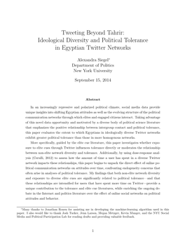 Tweeting Beyond Tahrir: Ideological Diversity and Political Tolerance in Egyptian Twitter Networks