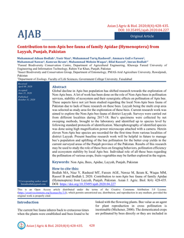 Contribution to Non-Apis Bee Fauna of Family Apidae (Hymenoptera) from Layyah, Punjab, Pakistan