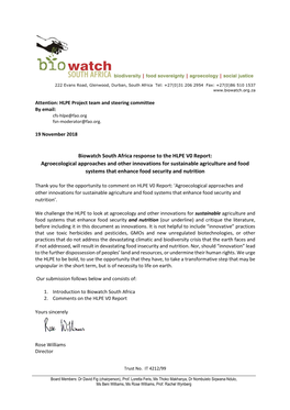 Biowatch South Africa Response to the HLPE V0 Report: Agroecological