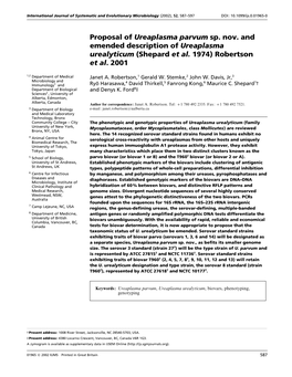 Proposal of Ureaplasma Parvum Sp. Nov. and Emended Description of Ureaplasma Urealyticum (Shepard Et Al