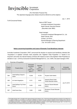 July 1, 2019 to All Concerned Parties Name of REIT Issuer: Invincible Investment Corporation Naoki Fukuda, Executive Director (Securities Code: 8963)