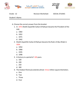 Grade: 12 Revision Worksheet SOCIAL STUDIES Student`S Name