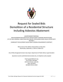 Request for Sealed Bids Demolition of a Residential Structure Including Asbestos Abatement