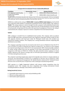 SMERA Press Release: 24 September, 2016 Sanspareils Greenlands Private Limited (SGPL)