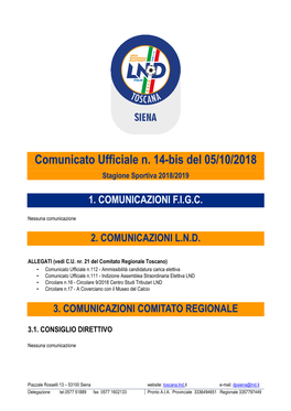Comunicato Ufficiale N. 14-Bis Del 05/10/2018