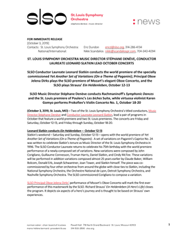 St. Louis Symphony Orchestra Music Director Stéphane Denève, Conductor Laureate Leonard Slatkin Lead October Concerts