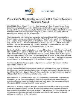 Penn State's Alex Bentley Receives 2013 Frances Pomeroy Naismith Award