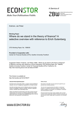 Where Do We Stand in the Theory of Finance? a Selective Overview with Reference to Erich Gutenberg