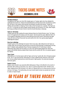 The Story Coming in the Medicine Hat Tigers Won Their Fifth Straight Game on Tuesday Night When They Defeated the Lethbridge Hurricanes 8-3