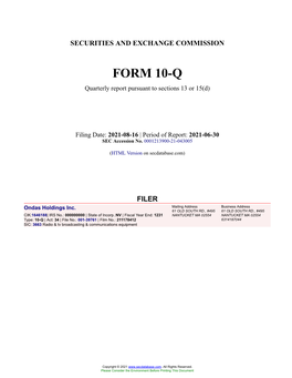 Ondas Holdings Inc. Form 10-Q Quarterly Report Filed 2021-08-16