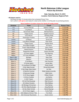 North Natomas Little League Picture Day Schedule