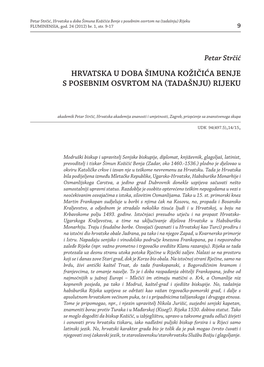 Hrvatska U Doba Šimuna Kožičića Benje S Posebnim Osvrtom Na (Tadašnju) Rijeku FLUMINENSIA, God