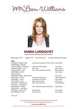 MARIA LUNDQVIST Representation: Alexandra Mclean-Williams