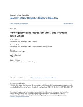 Ice Core Paleovolcanic Records from the St. Elias Mountains, Yukon, Canada