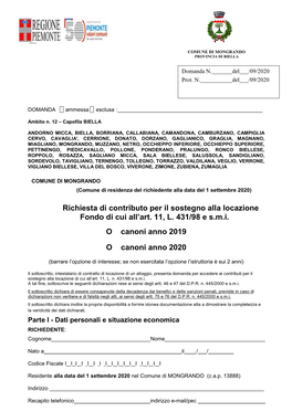 Richiesta Di Contributo Per Il Sostegno Alla Locazione Fondo Di Cui All'art. 11, L. 431/98 E S.M.I. O Canoni Anno 2019 O Canon