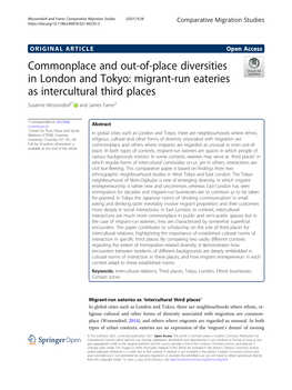 Migrant-Run Eateries As Intercultural Third Places Susanne Wessendorf1* and James Farrer2