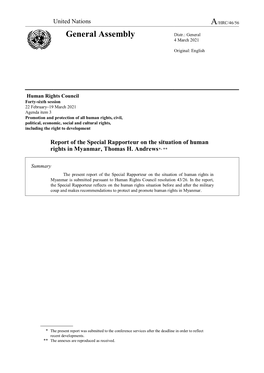 Report of the Special Rapporteur on the Situation of Human Rights in Myanmar, Thomas H