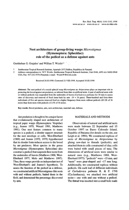 Nest Architecture of Group-Living Wasps Microstigmus (Hymenoptera: Sphecidae): Role of the Pedicel As a Def�Nse Against Ants