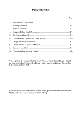 1 INDEX to REPORTS Page 1. Representative Church Body