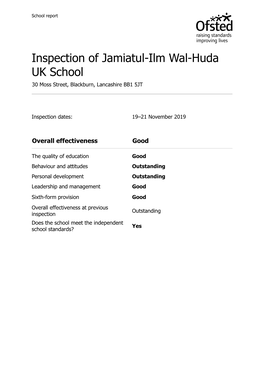 Inspection of Jamiatul-Ilm Wal-Huda UK School 30 Moss Street, Blackburn, Lancashire BB1 5JT