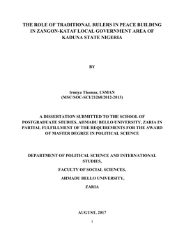 The Role of Traditional Rulers in Peace Building in Zangon-Kataf Local Government Area of Kaduna State Nigeria