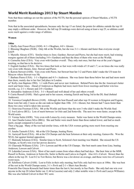 World Merit Rankings 2013 by Stuart Mazdon Note That These Rankings Are Not the Opinion of the NUTS, but the Personal Opinion of Stuart Mazdon, a NUTS Member