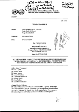 THE CHAMBER's DECISION of Is SEPTEMBER 2006 CONCERNING the TESTIMONY of WITNESS ROMEO DALLAIRE by VIDEO-LINK
