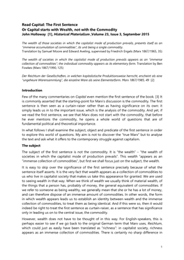 Read Capital: the First Sentence Or Capital Starts with Wealth, Not with the Commodity John Holloway [1], Historical Materialism ,Volume 23, Issue 3, September 2015