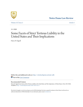 Some Facets of Strict Tortious Liability in the United States and Their Mplici Ations Harry H