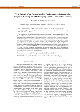 Arctocephalus Pusillus Doriferus) Feeding on a Wobbegong Shark (Orectolobus Ornatus)