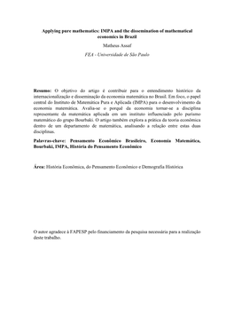 IMPA and the Dissemination of Mathematical Economics in Brazil Matheus Assaf FEA - Universidade De São Paulo