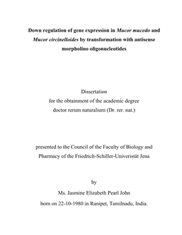 Down Regulation of Gene Expression in Mucor Mucedo and Mucor Circinelloides by Transformation with Antisense Morpholino Oligonucleotides