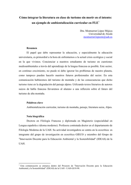 Cómo Integrar La Literatura En Clase De Turismo Sin Morir En El Intento: Un Ejemplo De Ambientalización Curricular En FLE1