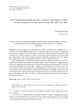 The Cypriot Kingdoms Between Athens and Persia: Cyprus in the Conflicts of the 5Th Century BC (497–411 BC)1