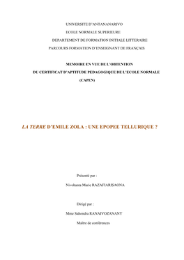 La Terre D'emile Zola : Une Epopee Tellurique ?