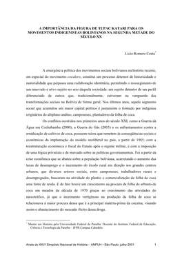 A Importância Da Figura De Tupac Katari Para Os Movimentos Indigenistas Bolivianos Na Segunda Metade Do Século Xx