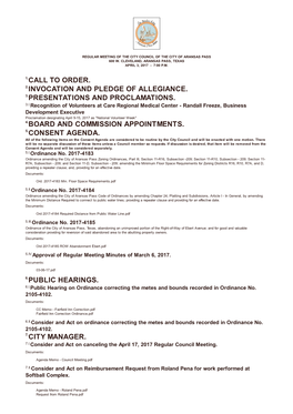 Call to Order. Invocation and Pledge of Allegiance. Presentations and Proclamations. Board and Commission Appointments. Consent