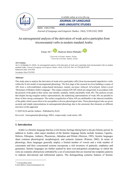 An Autosegmental Analysis of the Derivation of Weak Active Participles from Triconsonantal Verbs in Modern Standard Arabic