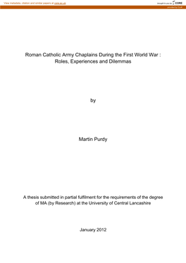 Roman Catholic Army Chaplains During the First World War : Roles, Experiences and Dilemmas