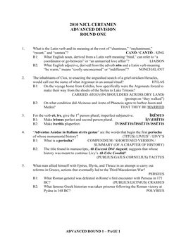 2010 Njcl Certamen Advanced Division Round One
