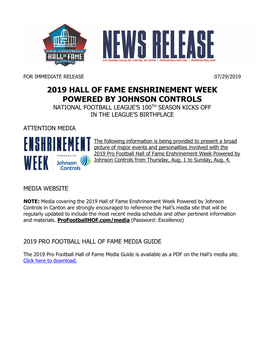 2019 Hall of Fame Enshrinement Week Powered by Johnson Controls National Football League’S 100Th Season Kicks Off in the League’S Birthplace