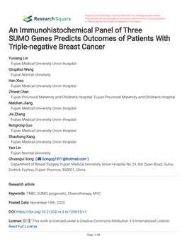 An Immunohistochemical Panel of Three SUMO Genes Predicts Outcomes of Patients with Triple-Negative Breast Cancer