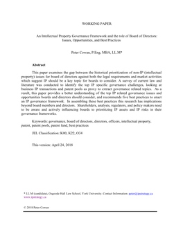 WORKING PAPER an Intellectual Property Governance Framework and the Role of Board of Directors