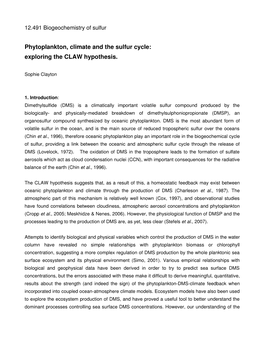 Phytoplankton, Climate and the Sulfur Cycle: Exploring the CLAW Hypothesis