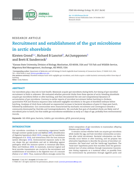 Recruitment and Establishment of the Gut Microbiome in Arctic Shorebirds Kirsten Grond1,∗, Richard B Lanctot2, Ari Jumpponen1 and Brett K Sandercock1