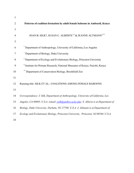 1 Patterns of Coalition Formation by Adult Female Baboons in Amboseli