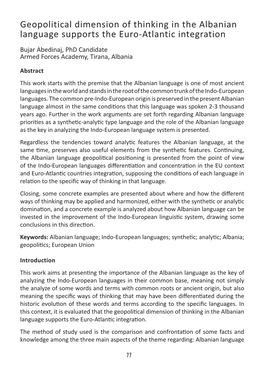 Geopolitical Dimension of Thinking in the Albanian Language Supports the Euro-Atlantic Integration Bujar Abedinaj, Phd Candidate Armed Forces Academy, Tirana, Albania