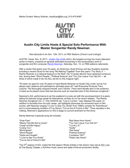 Austin City Limits Hosts a Special Solo Performance with Master Songwriter Randy Newman