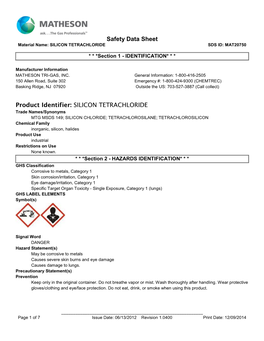 Safety Data Sheet Product Identifier: SILICON TETRACHLORIDE