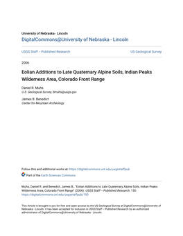 Eolian Additions to Late Quaternary Alpine Soils, Indian Peaks Wilderness Area, Colorado Front Range